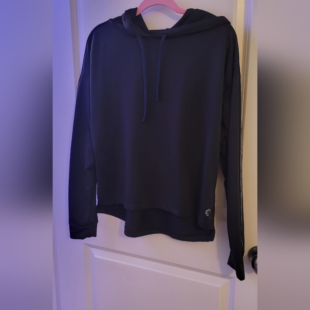 Lightweight Black Active Hoodie with Rainbow Sparkle/silver Arm Stripes Size M